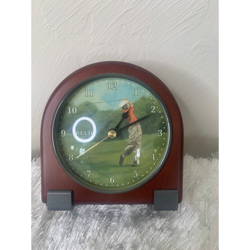 Golf Clock Wood MCM Style Golfer and Domed Glass face 5" x 5" x 2.25"